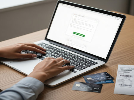 woman using laptop with credit card and website on screen at office deskの素材