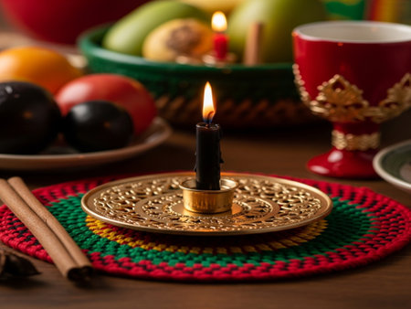 Easter table setting with candles and colorful eggs on wooden table.の素材
