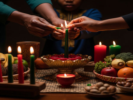Close up of indian family lighting candle during Diwali celebrationの素材