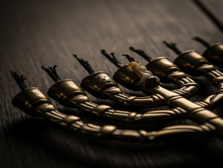 image of jewish holiday Hanukkah background with menorah (traditional candelabra) and candlesの素材