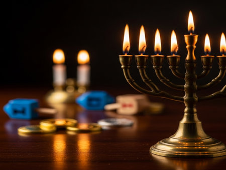 Image of jewish holiday Hanukkah background with menorah (traditional candelabra) and dreidel (spinning top)の素材