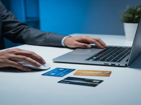 Close-up of man using laptop and credit card at table in officeの素材