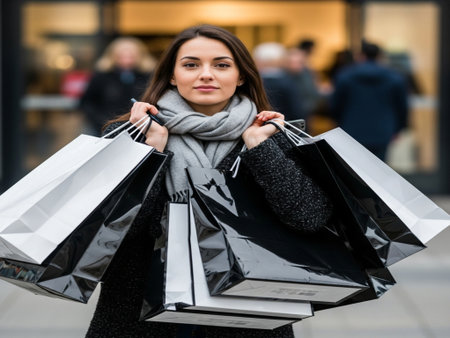 Beautiful young woman with shopping bags in the city. Shopping concept.の素材