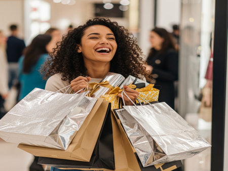 Happy african american woman holding shopping bags and smiling in mallの素材