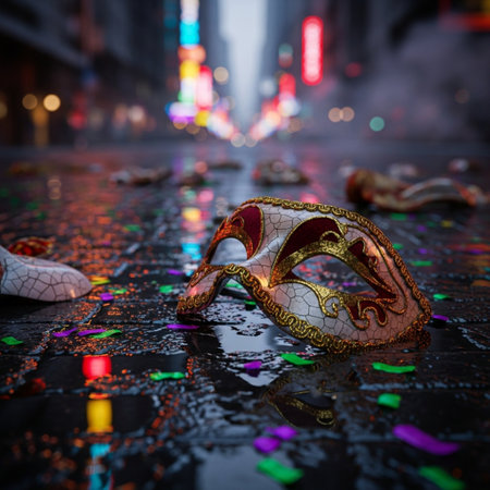 Carnival mask on a wet street in Paris, France.の素材