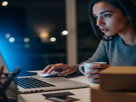 Young businesswoman working on laptop and drinking coffee at night in officeの素材