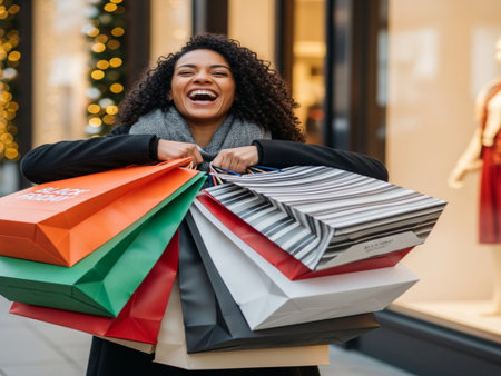happy african american woman with shopping bags at christmas marketの素材