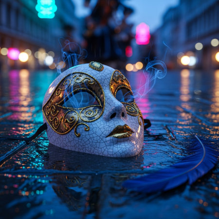 Venetian carnival mask on the background of the night cityの素材