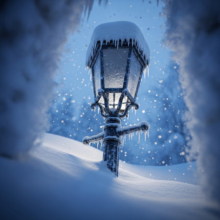 Vintage street lamp in the winter forest. Winter landscape. Blue tonedの素材