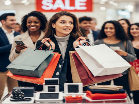 sale, consumerism and people concept - happy young women with shopping bags in mallの素材