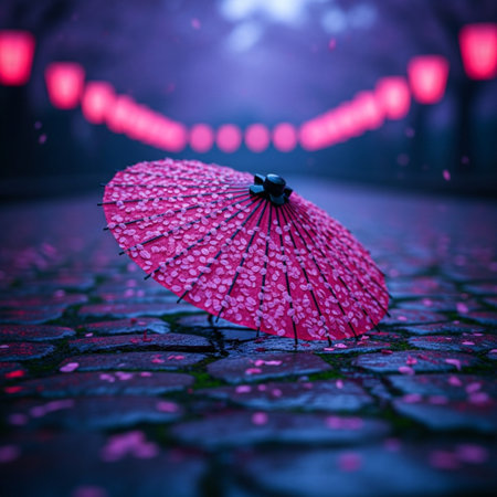 Pink umbrella in the rain on the street at night. Selective focus.の素材