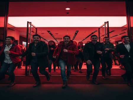 Group of friends dancing and having fun in a nightclub with red lightの素材