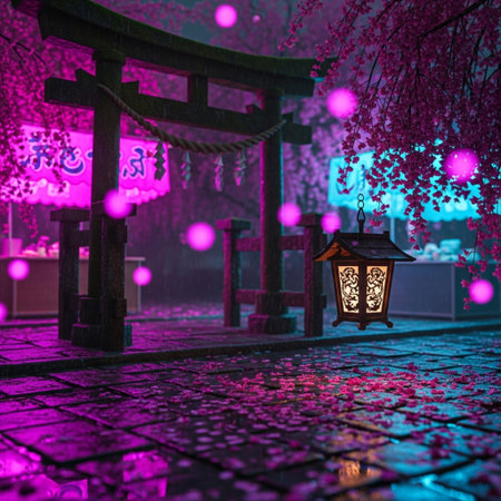 Illuminated lanterns in a Japanese garden during the night.の素材