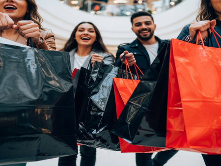 Group of happy young people carrying shopping bags in shopping mall. Shopping concept.の素材