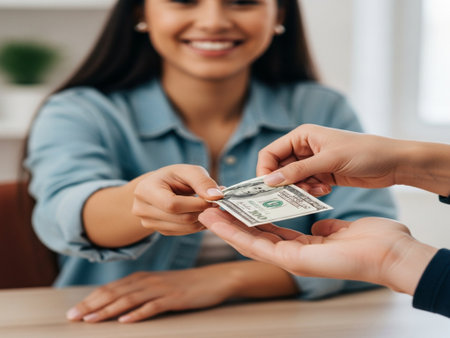 cropped shot of woman giving dollar banknote to smiling mother at homeの素材