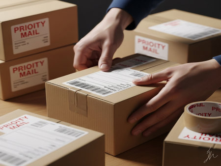 Close up of hands of a young woman packing a parcel box.の素材