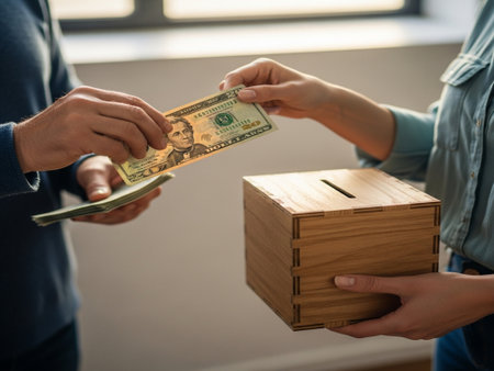 cropped shot of young couple holding dollar banknotes near wooden boxの素材