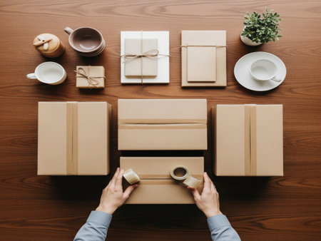 Top view of female hands holding coffee cup and gift box on wooden tableの素材
