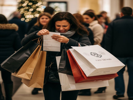Beautiful young woman with shopping bags in the mall. Christmas shopping.の素材