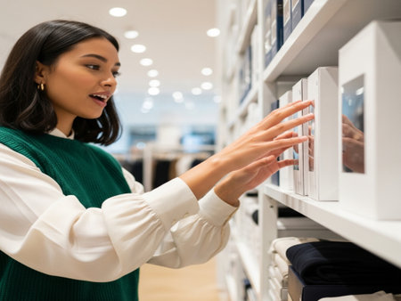 side view of smiling young asian woman choosing window frames in shopの素材