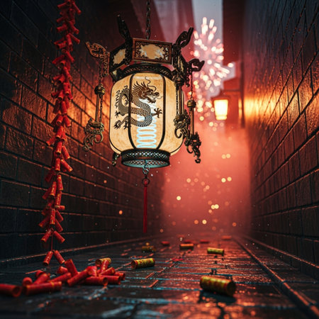 Chinese lantern with dragon on the street at night. 3D rendering.の素材
