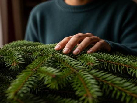 Woman's hand holding a branch of a Christmas tree, closeupの素材