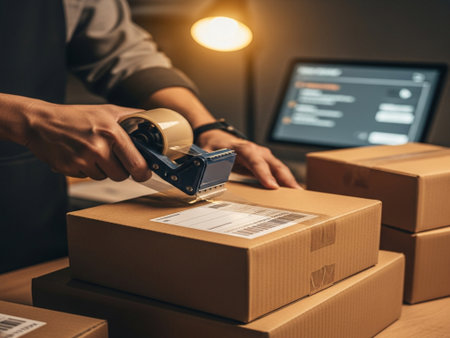 deliveryman using contactless card reader to scan parcel at warehouseの素材