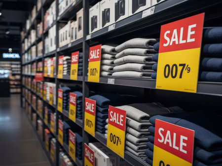 sale label on shelf in retail store. shopping concept. blur backgroundの素材