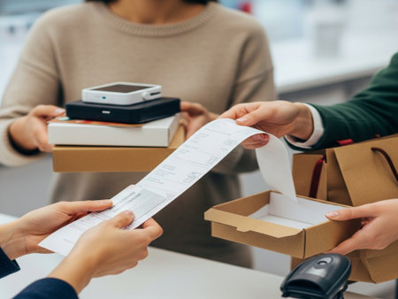 cropped shot of young woman receiving parcel from delivery man in storeの素材