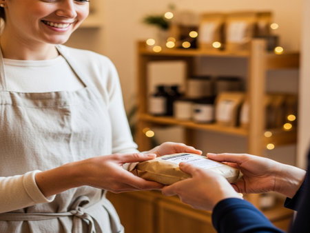 Close-up of female hands giving a box of bread to female customerの素材