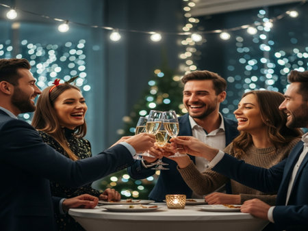 friends clinking glasses of champagne at christmas dinner party in restaurantの素材