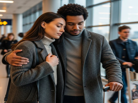 selective focus of african american man and woman hugging in airportの素材