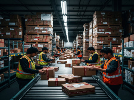 Warehouse workers checking stock in a large warehouse. This is a freight transportation and distribution warehouse. Industrial and industrial workers conceptの素材