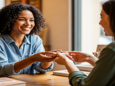 smiling african american woman showing engagement ring to boyfriend in cafeの素材