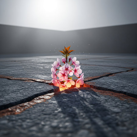 Cherry blossoms on the ground. 3d render. Conceptual imageの素材