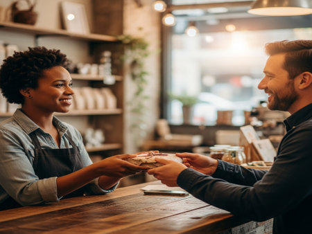 selective focus of waitress giving pizza to smiling man in coffee shopの素材