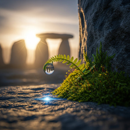 Mysterious stonehenge with water drop and green fernの素材
