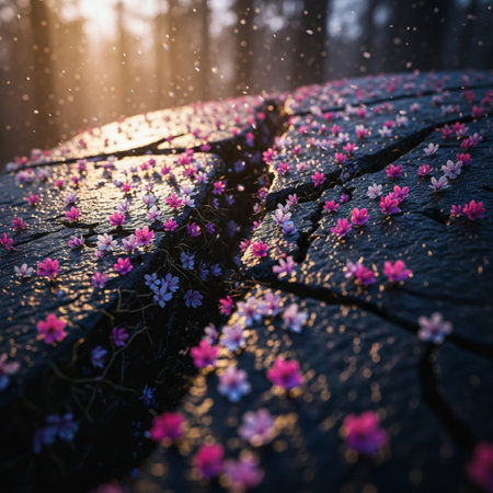 Pink sakura blossoms blooming in the forest at sunset.の素材