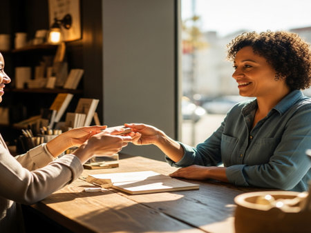 Smiling businesswoman and man shaking hands while sitting at the table in cafeの素材