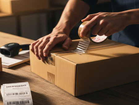 cropped shot of young man packing parcel with adhesive tape at workplaceの素材