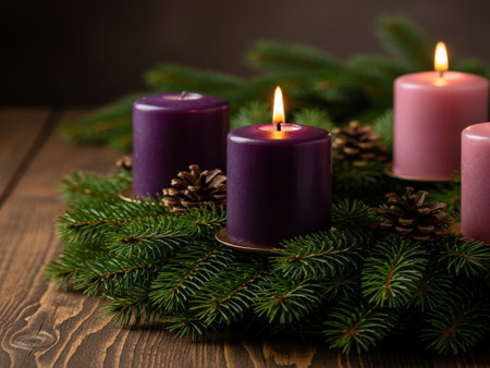 Christmas decoration with burning candles, fir branches and cones on wooden backgroundの素材