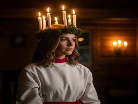 Beautiful young woman in a wreath on her head with candlesの素材