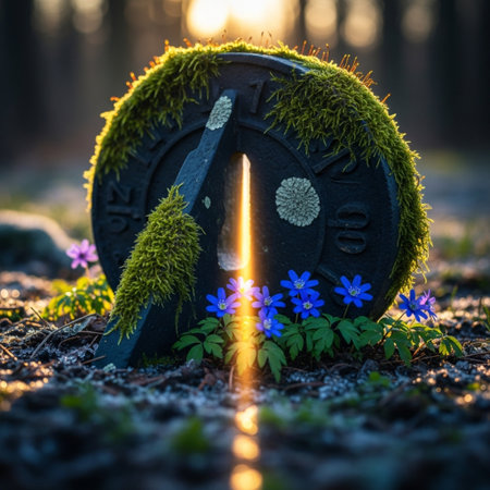 Grave stone with sun rays in the forest at sunrise. Halloween concept.の素材