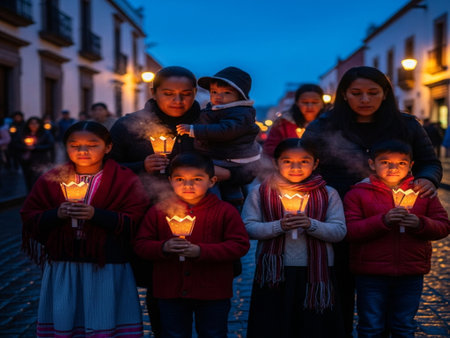 Group of children with candles in the streets of Sevilleの素材