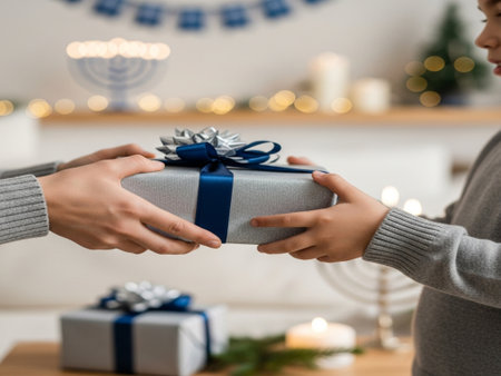 cropped shot of mother giving wrapped gift to son at christmasの素材