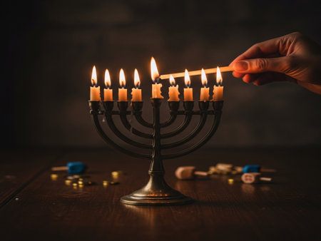 Menorah with burning candles for Hanukkah on dark backgroundの素材