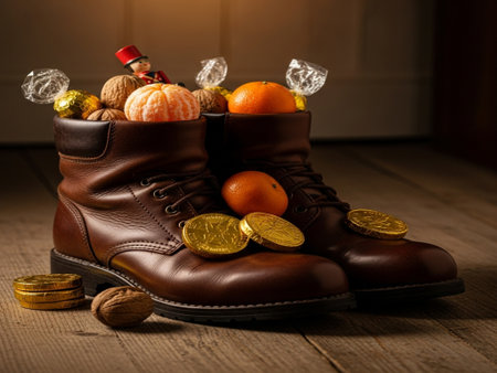 Christmas still life with tangerines, candies and old bootsの素材