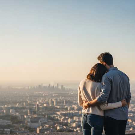 Young couple in love embracing and looking at the view of the city.の素材