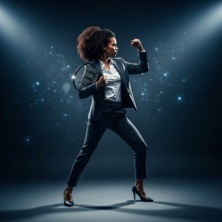 african american woman in suit dancing with microphone on dark backgroundの素材