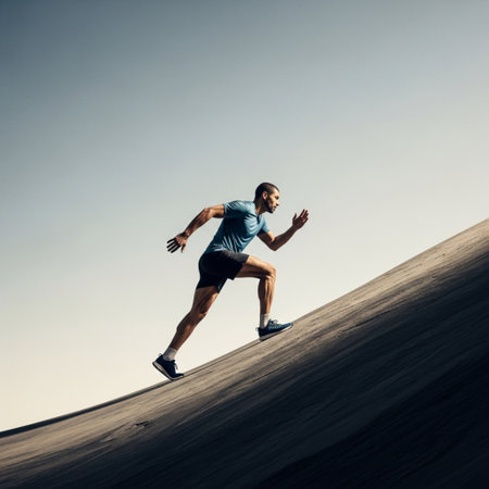 Young man running on a sand dune. Sport and healthy lifestyle.の素材